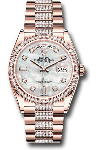Rolex Everose Gold Day-Date 36 Watch - Diamond Bezel - White Mother-Of-Pearl Diamond Dial - Diamond President Bracelet -