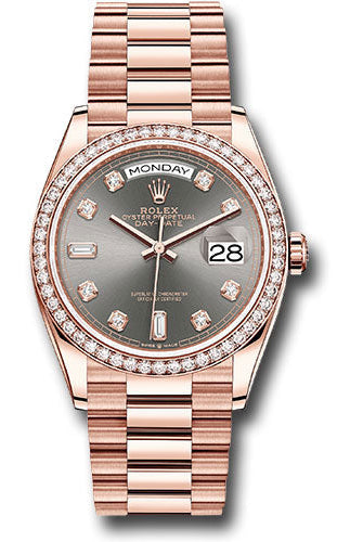 Rolex Everose Gold Day-Date 36 Watch - Diamond Bezel - Slate Diamond Dial - President Bracelet - 128345rbr sldp