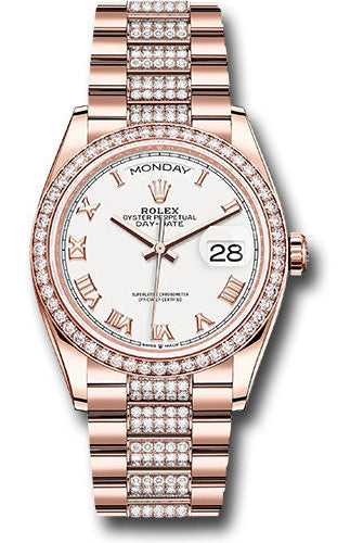 Rolex Everose Gold Day-Date 36 Watch - Diamond Bezel - White Roman Dial - Diamond President Bracelet - 128345rbr wrdp