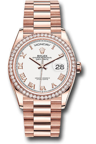Rolex Everose Gold Day-Date 36 Watch - Diamond Bezel - White Roman Dial - President Bracelet - 128345rbr wrp