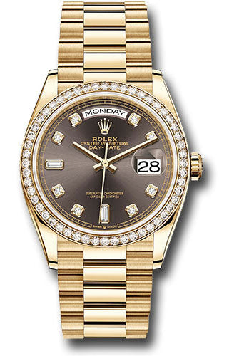 Rolex Yellow Gold Day-Date 36 Watch - Diamond Bezel - Dark Grey Diamond Dial - President Bracelet - 128348RBR dkgdp