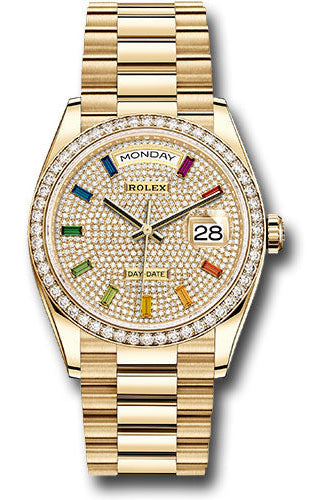 Rolex Yellow Gold Day-Date 36 Watch - Diamond Bezel - Diamond-Paved Rainbow Sapphire Dial - President Bracelet - 128348RBR