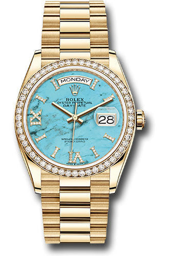 Rolex Yellow Gold Day-Date 36 Watch - Diamond Bezel - Turquoise Diamond Roman Dial - President Bracelet - 128348RBR tdidrp
