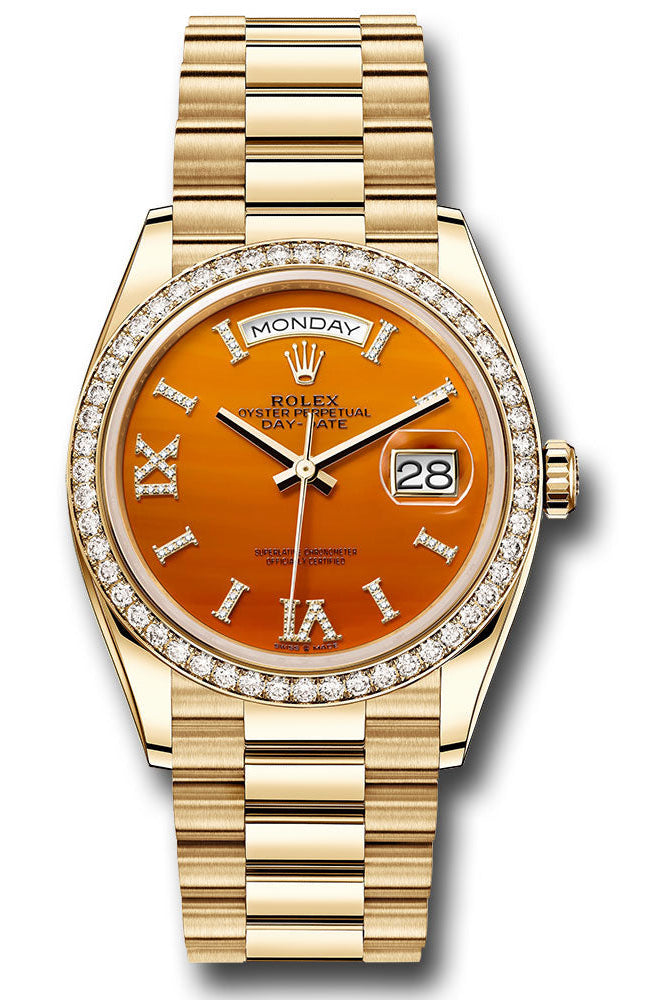 Rolex Yellow Gold Day-Date 36 Watch - Diamond Bezel - Carnelian Diamond Index Roman 9 Dial - President Bracelet - 128348rbr