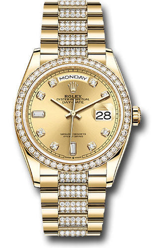 Rolex Yellow Gold Day-Date 36 Watch - Diamond Bezel - Champagne Diamond Dial - Diamond President Bracelet - 128348rbr chddp
