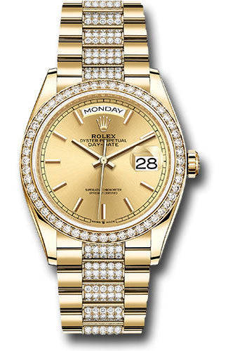 Rolex Yellow Gold Day-Date 36 Watch - Diamond Bezel - Champagne Index Dial - Diamond President Bracelet - 128348rbr chidp