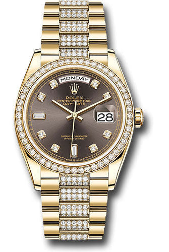 Rolex Yellow Gold Day-Date 36 Watch - Diamond Bezel - Dark Grey Diamond Dial - Diamond President Bracelet - 128348rbr dkgrddp