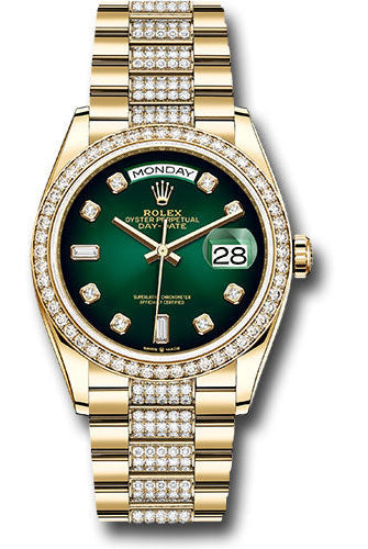 Rolex Yellow Gold Day-Date 36 Watch - Diamond Bezel - Green Ombre Diamond Dial - Diamond President Bracelet - 128348rbr