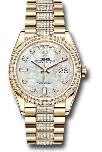 Rolex Yellow Gold Day-Date 36 Watch - Diamond Bezel - White Mother-Of-Pearl Diamond Dial - Diamond President Bracelet -