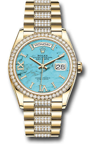 Rolex Yellow Gold Day-Date 36 Watch - Diamond Bezel - Turquoise Diamond Index Roman 9 Dial - Diamond President Bracelet -