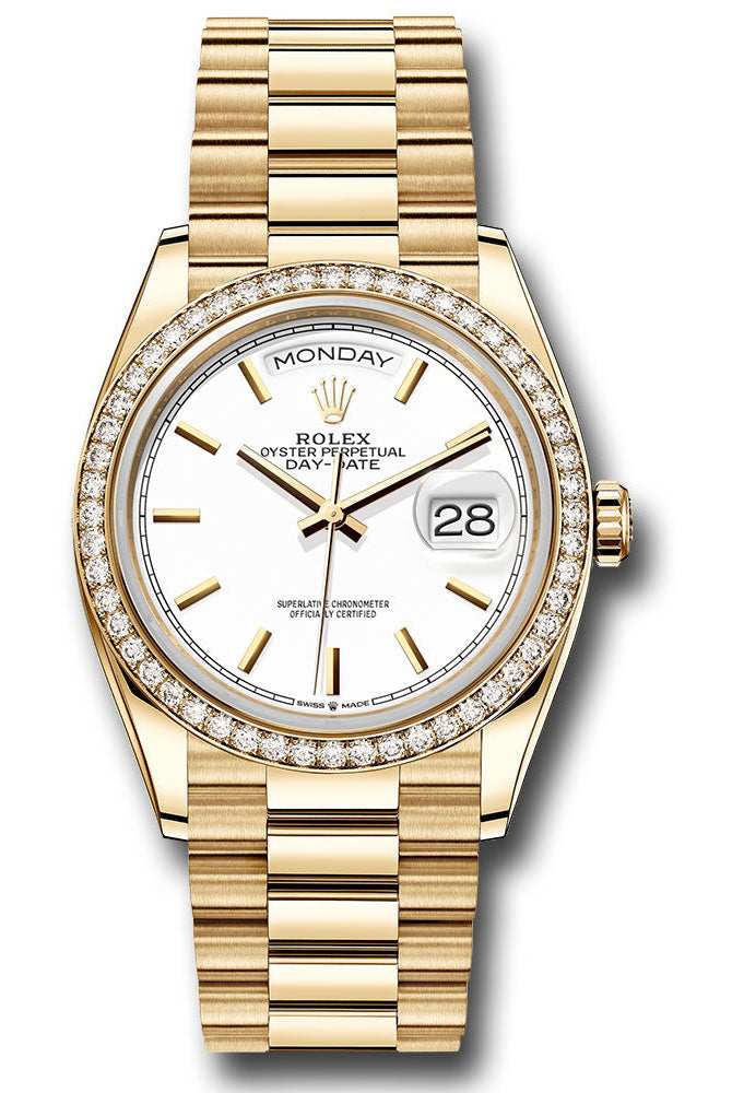 Rolex Yellow Gold Day-Date 36 Watch - Diamond Bezel - White Index Dial - Diamond President Bracelet - 128348rbr wip