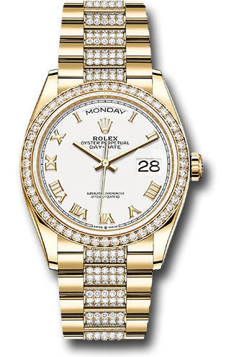 Rolex Yellow Gold Day-Date 36 Watch - Diamond Bezel - White Roman Dial - Diamond President Bracelet - 128348rbr wrdp