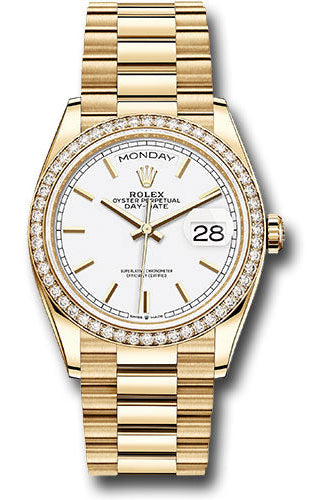 Rolex Yellow Gold Day-Date 36 Watch - Diamond Bezel - White Roman Dial - President Bracelet - 128348rbr wrp