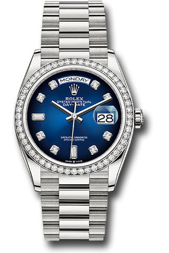 Rolex White Gold Day-Date 36 Watch - Diamond Bezel - Blue Ombre« Diamond Dial - President Bracelet - 128349RBR blodp