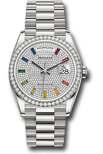 Rolex White Gold Day-Date 36 Watch - Diamond Bezel - Diamond Paved Rainbow Sapphire Dial - President Bracelet - 128349RBR