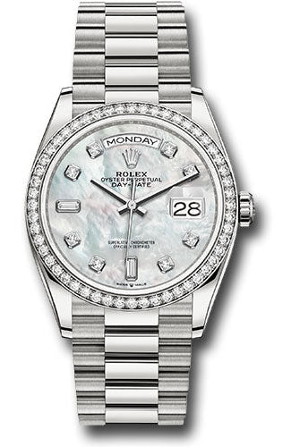 Rolex White Gold Day-Date 36 Watch - Diamond Bezel - Mother-of-Pearl Diamond Dial - President Bracelet - 128349RBR mdp