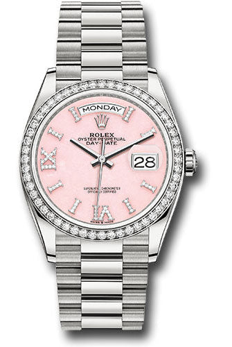 Rolex White Gold Day-Date 36 Watch - Diamond Bezel - Pink Opal Diamond Hour Marker Dial - President Bracelet - 128349RBR