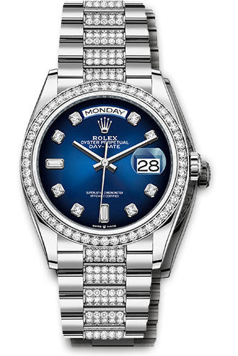 Rolex White Gold Day-Date 36 Watch - Diamond Bezel - Blue Ombre Diamond Dial - Diamond President Bracelet - 128349rbr bloddp