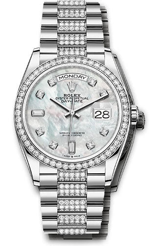 Rolex White Gold Day-Date 36 Watch - Diamond Bezel - White Mother-Of-Pearl Diamond Dial - Diamond President Bracelet -