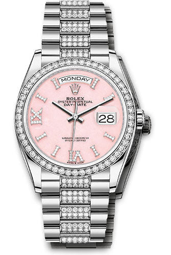Rolex White Gold Day-Date 36 Watch - Diamond Bezel - Pink Opal Diamond Index Roman 9 Dial - Diamond President Bracelet -