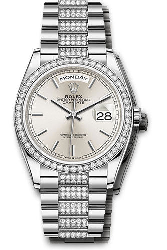 Rolex White Gold Day-Date 36 Watch - Diamond Bezel - Silver Index Dial - Diamond President Bracelet - 128349rbr sidp