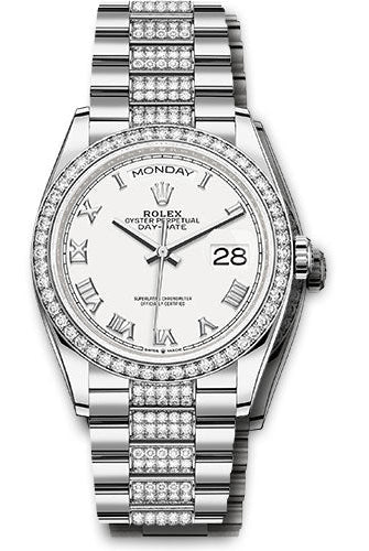 Rolex White Gold Day-Date 36 Watch - Diamond Bezel - White Roman Dial - Diamond President Bracelet - 128349rbr wrdp