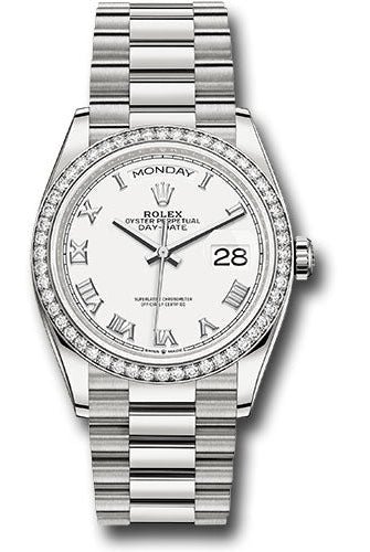 Rolex White Gold Day-Date 36 Watch - Diamond Bezel - White Roman Dial - President Bracelet - 128349rbr wrp