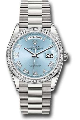 Rolex Platinum Day-Date 36 Watch - Diamond Bezel - Ice Blue Roman Dial - President Bracelet - 128396tbr ibrp
