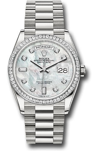 Rolex Platinum Day-Date 36 Watch - Diamond Bezel - White Mother-Of-Pearl Diamond Dial - President Bracelet - 128396tbr mdp