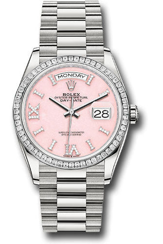 Rolex Platinum Day-Date 36 Watch - Diamond Bezel - Pink Opal Diamond Index Roman 9 Dial - President Bracelet - 128396tbr