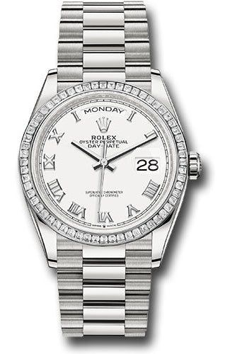 Rolex Platinum Day-Date 36 Watch - Diamond Bezel - White Roman Dial - President Bracelet - 128396tbr wrp