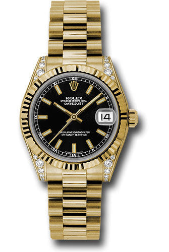 Rolex Yellow Gold Datejust 31 Watch - Fluted Bezel - Black Index Dial - President Bracelet - 178238 bkip