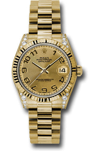 Rolex Yellow Gold Datejust 31 Watch - Fluted Bezel - Champagne Concentric Circle Arabic Dial - President Bracelet - 178238
