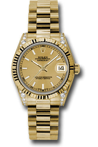 Rolex Yellow Gold Datejust 31 Watch - Fluted Bezel - Champagne Index Dial - President Bracelet - 178238 chip