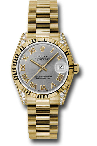 Rolex Yellow Gold Datejust 31 Watch - Fluted Bezel - Gray Roman Dial - President Bracelet - 178238 grp