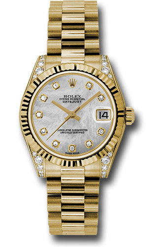 Rolex Yellow Gold Datejust 31 Watch - Fluted Bezel - Mother-Of-Pearl Diamond Dial - President Bracelet - 178238 mdp