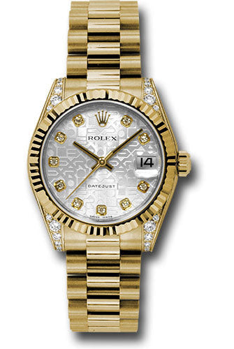 Rolex Yellow Gold Datejust 31 Watch - Fluted Bezel - Silver Jubilee Diamond Dial - President Bracelet - 178238 sjdp