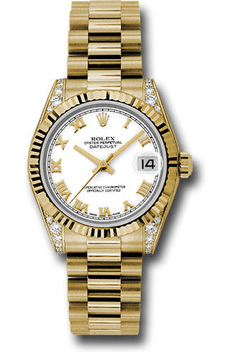 Rolex Yellow Gold Datejust 31 Watch - Fluted Bezel - White Roman Dial - President Bracelet - 178238 wrp