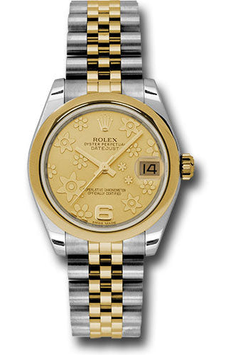 Rolex Steel and Yellow Gold Datejust 31 Watch - Domed Bezel - Champagne Floral Motif Dial - Jubilee Bracelet - 178243 chfj