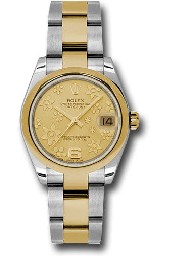 Rolex Steel and Yellow Gold Datejust 31 Watch - Domed Bezel - Champagne Floral Motif Dial - Oyster Bracelet - 178243 chfo