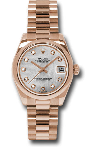 Rolex Pink Gold Datejust 31 Watch - Domed Bezel - Mother-Of-Pearl Diamond Dial - President Bracelet - 178245 mdp
