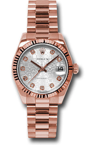 Rolex Pink Gold Datejust 31 Watch - Fluted Bezel - Silver Jubilee Diamond Dial - President Bracelet - 178275 sjdp