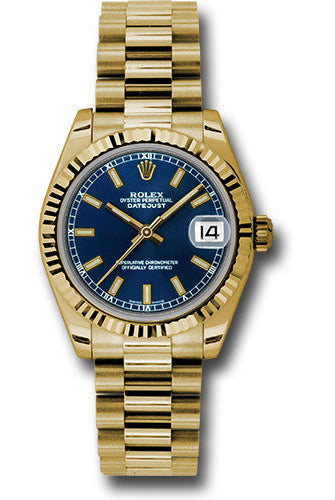 Rolex Yellow Gold Datejust 31 Watch - Fluted Bezel - Blue Index Dial - President Bracelet - 178278 blip