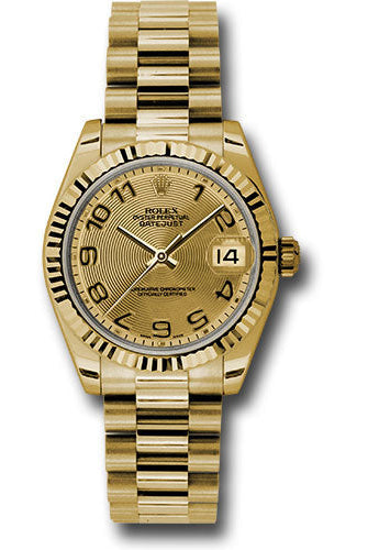 Rolex Yellow Gold Datejust 31 Watch - Fluted Bezel - Champagne Concentric Circle Arabic Dial - President Bracelet - 178278