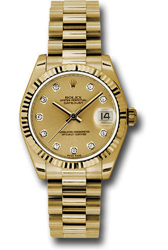 Rolex Yellow Gold Datejust 31 Watch - Fluted Bezel - Champagne Diamond Dial - President Bracelet - 178278 chdp
