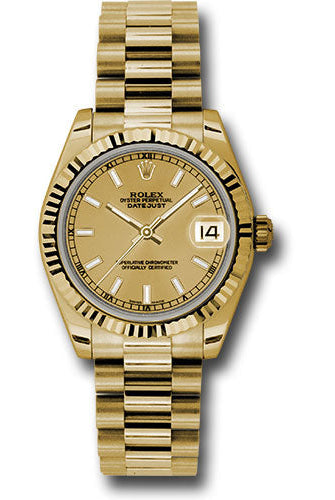 Rolex Yellow Gold Datejust 31 Watch - Fluted Bezel - Champagne Index Dial - President Bracelet - 178278 chip