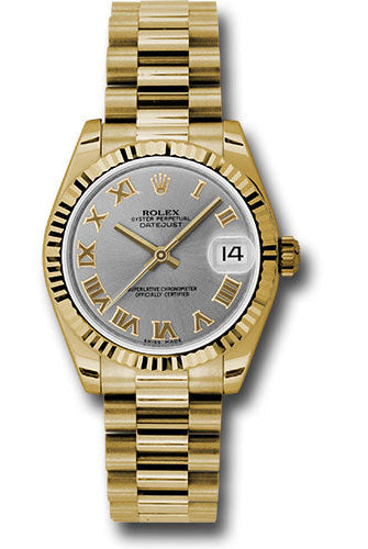 Rolex Yellow Gold Datejust 31 Watch - Fluted Bezel - Gray Roman Dial - President Bracelet - 178278 grp