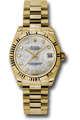 Rolex Yellow Gold Datejust 31 Watch - Fluted Bezel - Mother-Of-Pearl Diamond Dial - President Bracelet - 178278 mdp