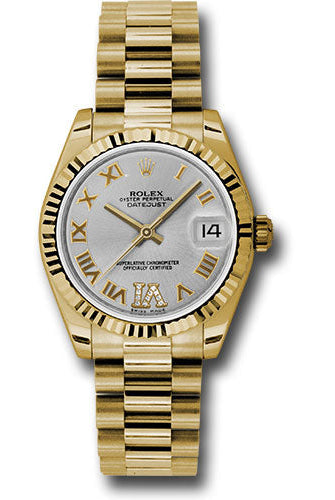 Rolex Yellow Gold Datejust 31 Watch - Fluted Bezel - Silver Diamond Roman Vi Roman Dial - President Bracelet - 178278 sdrp