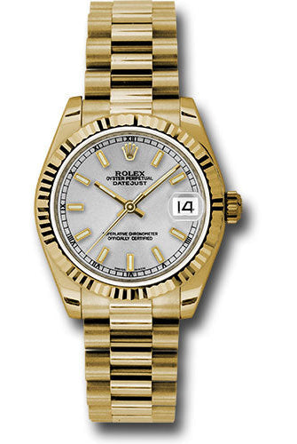 Rolex Yellow Gold Datejust 31 Watch - Fluted Bezel - Silver Diamond Roman Vi Index Dial - President Bracelet - 178278 sip
